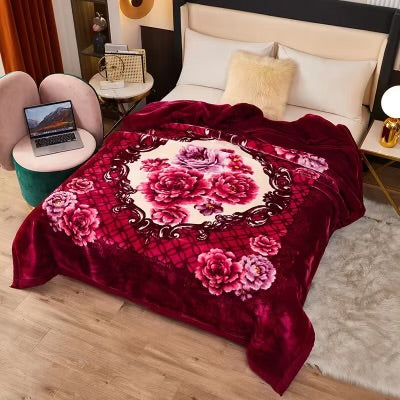 Queen Size Burgundy Rose Korean Mink Heavy, Fleece Plush, 2 Ply Reversible Raschel Bed Blanket
