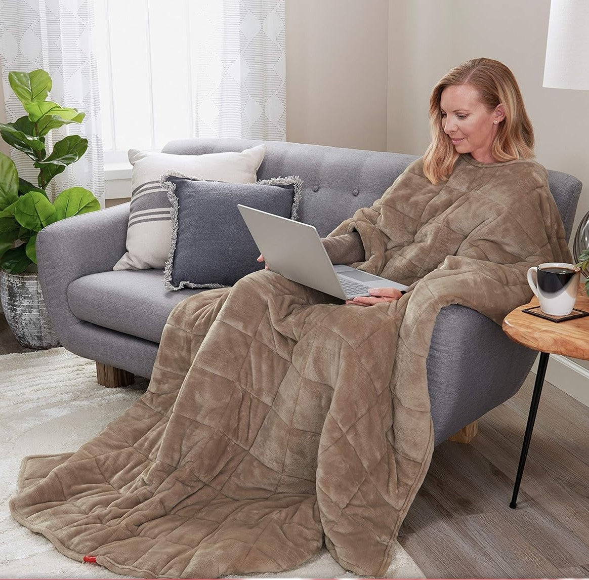 Sunbeam Weighted Warming Blanket Cover, Beige Quilted Design, 54 x 73 inches, 15 lbs, Neck Cutout