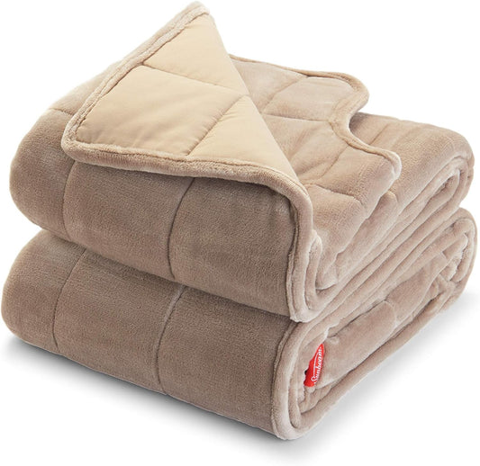 Sunbeam Weighted Warming Blanket Cover, Beige Quilted Design, 54 x 73 inches, 15 lbs, Neck Cutout