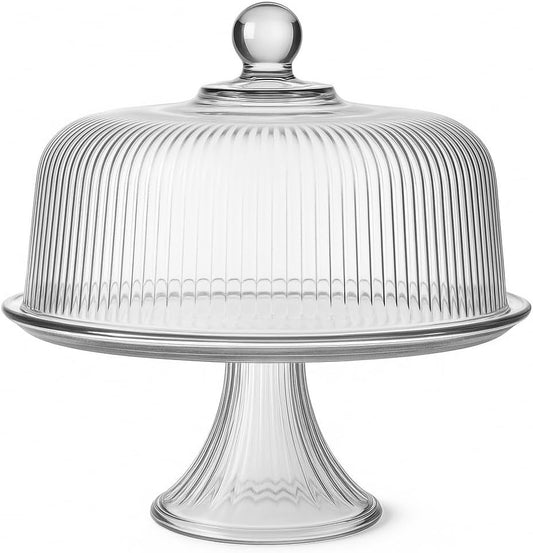 ANCHOR HOCKING 2pc Glass Cake Stand with Dome, Ribbed Design, Pedestal Base, Clear