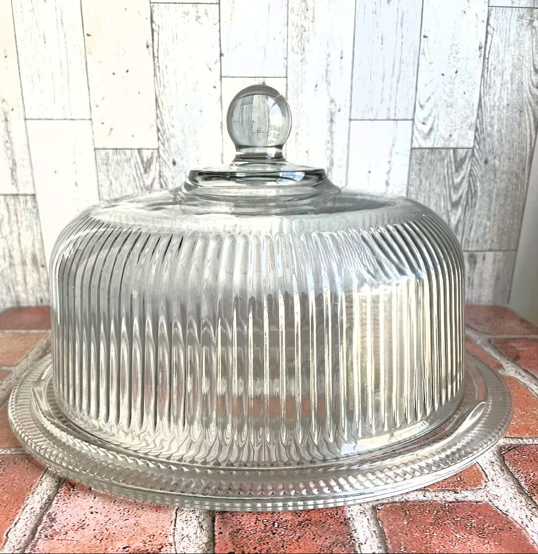 ANCHOR HOCKING 2pc Glass Cake Stand with Dome, Ribbed Design, Pedestal Base, Clear
