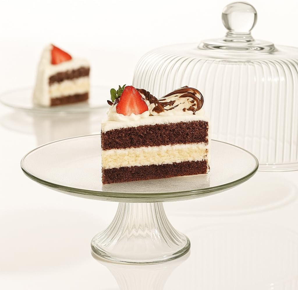 ANCHOR HOCKING 2pc Glass Cake Stand with Dome, Ribbed Design, Pedestal Base, Clear