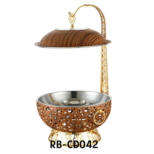 Round Chafing Dish Buffet Set, with Hanging Lid Brown Gold Design Stainless Steel Chafing and Buffet Warmers Set for Catering Parties Birthday Wedding