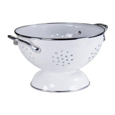 Enamel Colander with Handles, White with Sylver Rim, Footed Base, Perforated Strainer