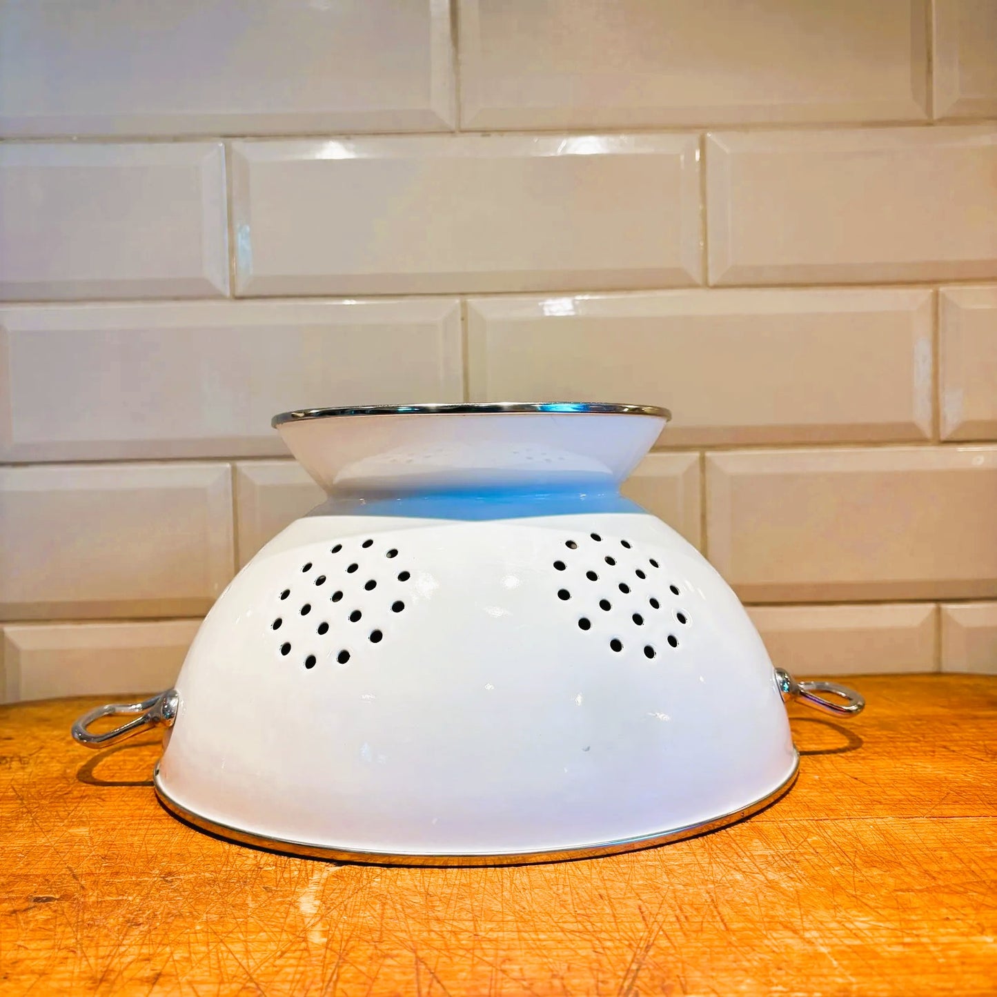 Enamel Colander with Handles, White with Sylver Rim, Footed Base, Perforated Strainer
