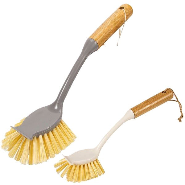 Fresh Start Dish Brush with Bamboo Handle, Yellow Bristles, Long Handle with Built-in Scraper, 2 Pack, Kitchen Cleaning