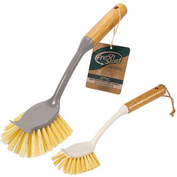 Fresh Start Dish Brush with Bamboo Handle, Yellow Bristles, Long Handle with Built-in Scraper, 2 Pack, Kitchen Cleaning