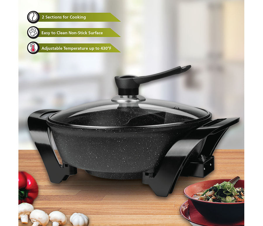6 QT Brentwood Electric Non-Stick Shabu Shabu Pot with Wooden Spatula