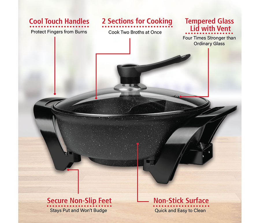 6 QT Brentwood Electric Non-Stick Shabu Shabu Pot with Wooden Spatula