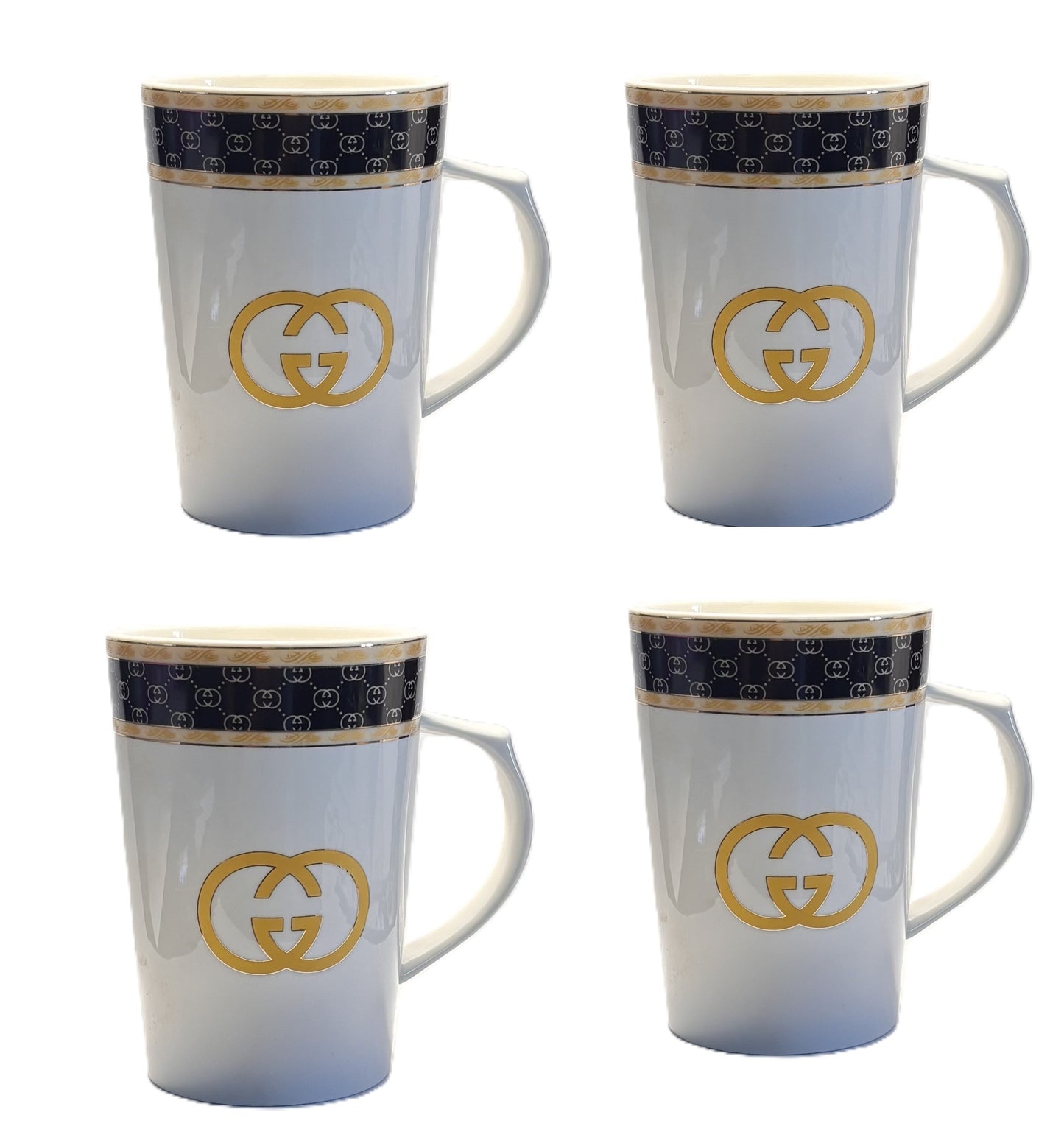 Designer Inspired Mug with Gold GG Logo, White Ceramic Coffee Cup with Handle, Black and Gold Trim