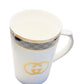Designer Inspired Mug with Gold GG Logo, White Ceramic Coffee Cup with Handle, Black and Gold Trim