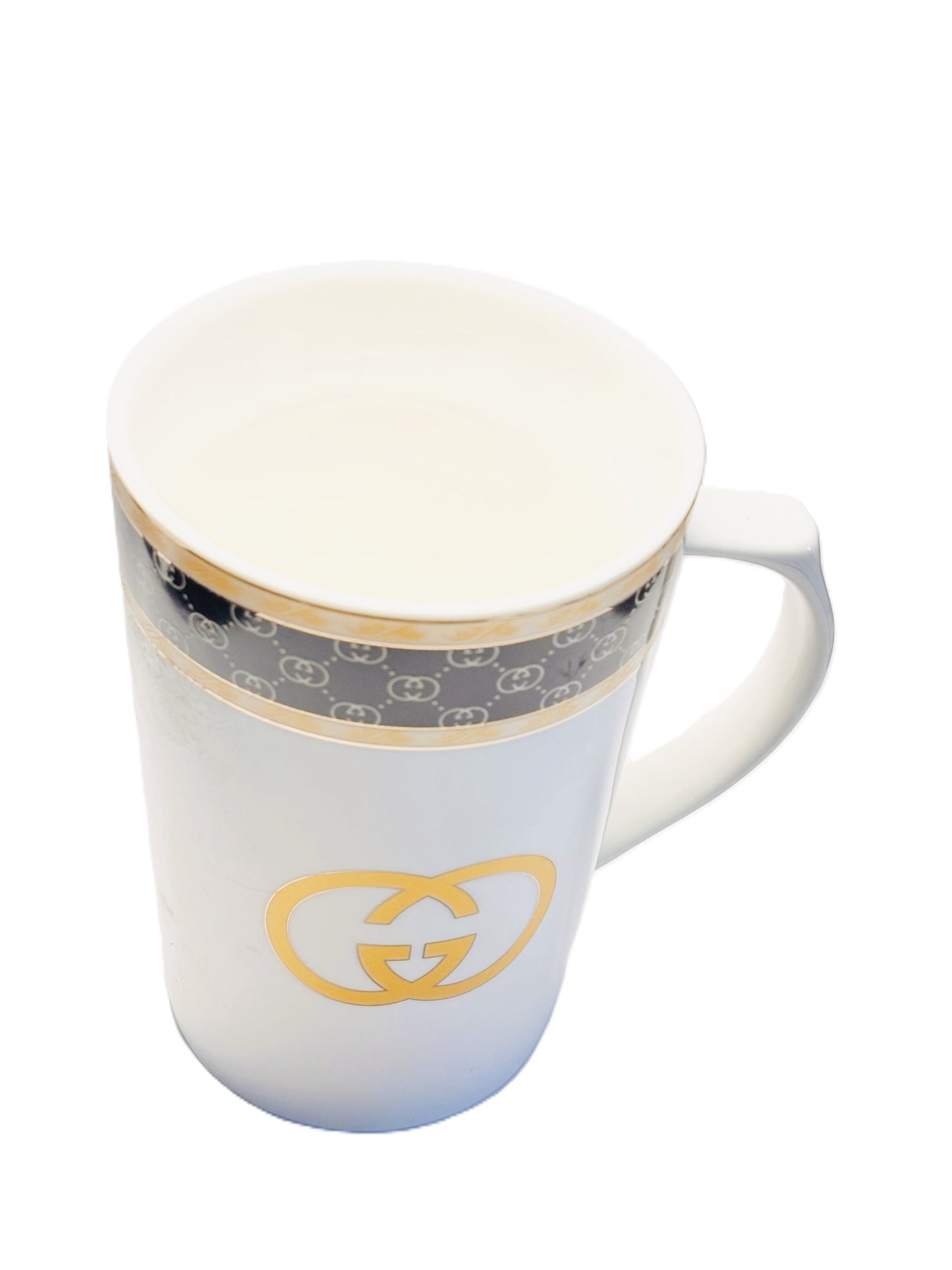 Designer Inspired Mug with Gold GG Logo, White Ceramic Coffee Cup with Handle, Black and Gold Trim