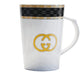 Designer Inspired Mug with Gold GG Logo, White Ceramic Coffee Cup with Handle, Black and Gold Trim