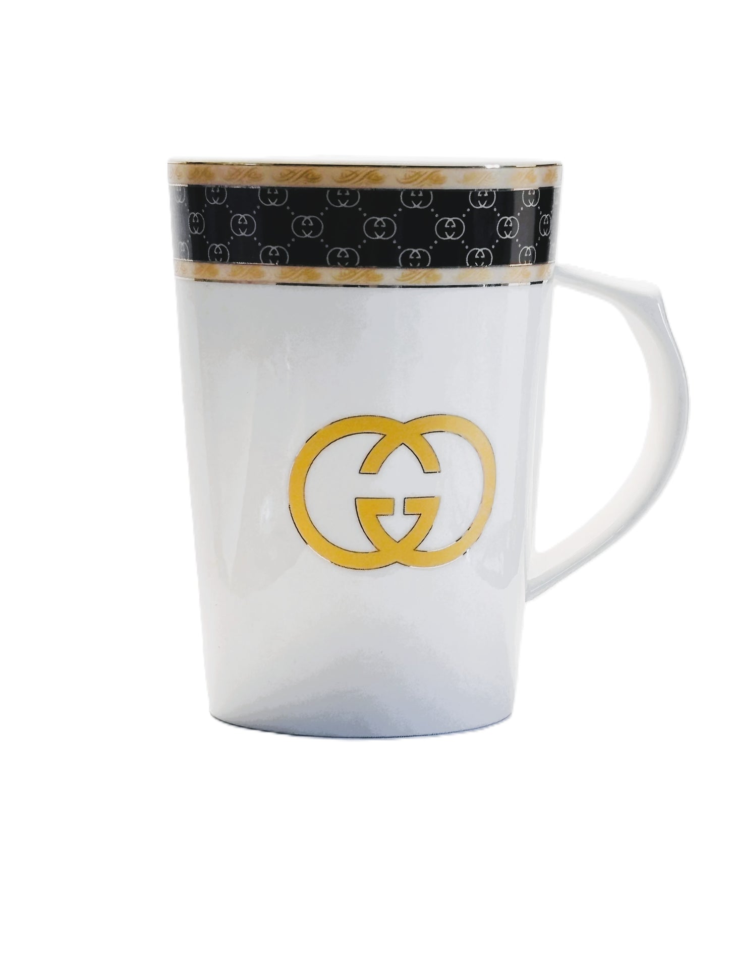 Designer Inspired Mug with Gold GG Logo, White Ceramic Coffee Cup with Handle, Black and Gold Trim