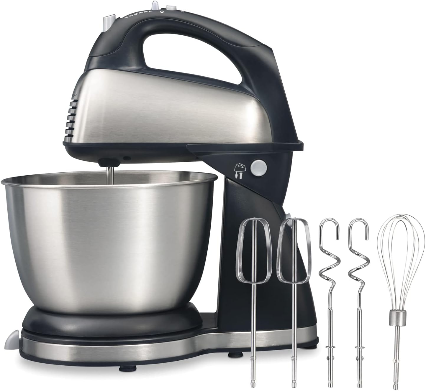 Stand Mixer with Stainless Steel Bowl, Black and Silver, Hand Mixer with Base, Rotating Bowl 2 in 1 6 speeds