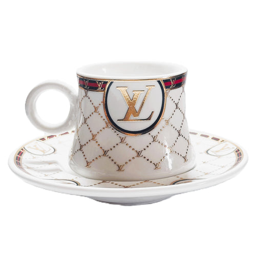 Luxury Porcelain Tea Cup and Saucer Set, VS-COF3 LV Logo Design, Gold Accents, White with Pattern, 12 Pieces