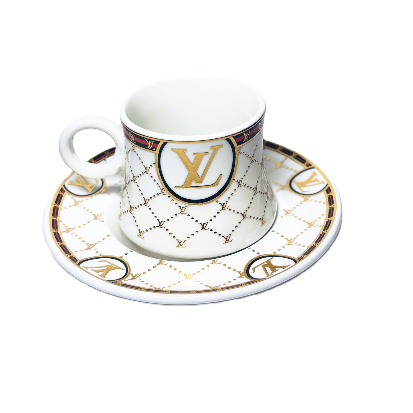 Luxury Porcelain Tea Cup and Saucer Set, VS-COF3 LV Logo Design, Gold Accents, White with Pattern, 12 Pieces