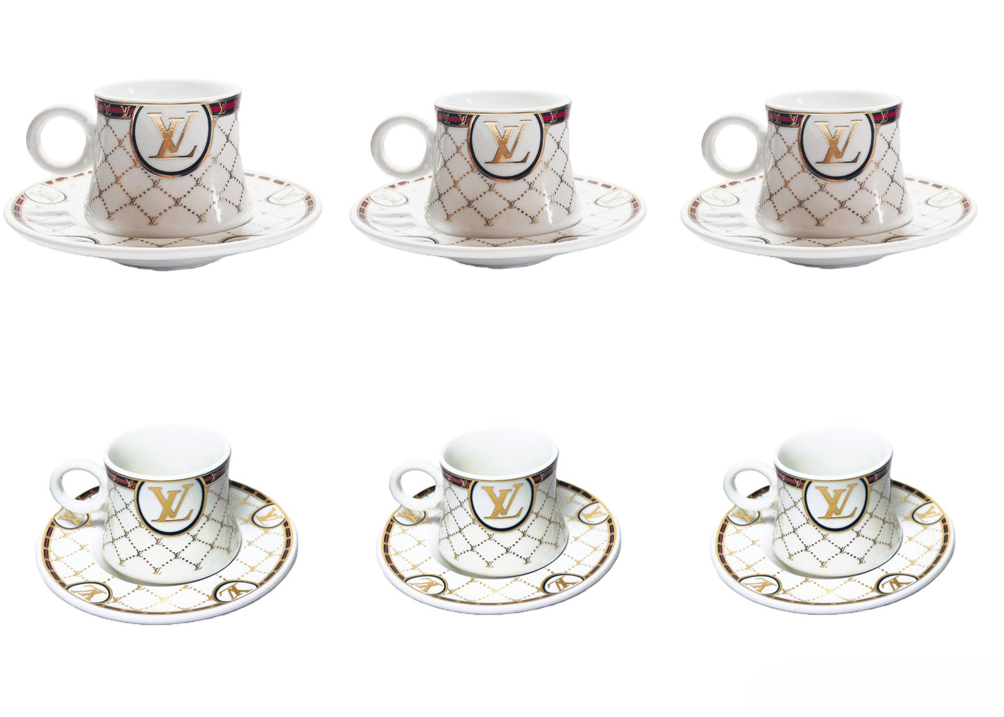 Luxury Porcelain Tea Cup and Saucer Set, VS-COF3 LV Logo Design, Gold Accents, White with Pattern, 12 Pieces