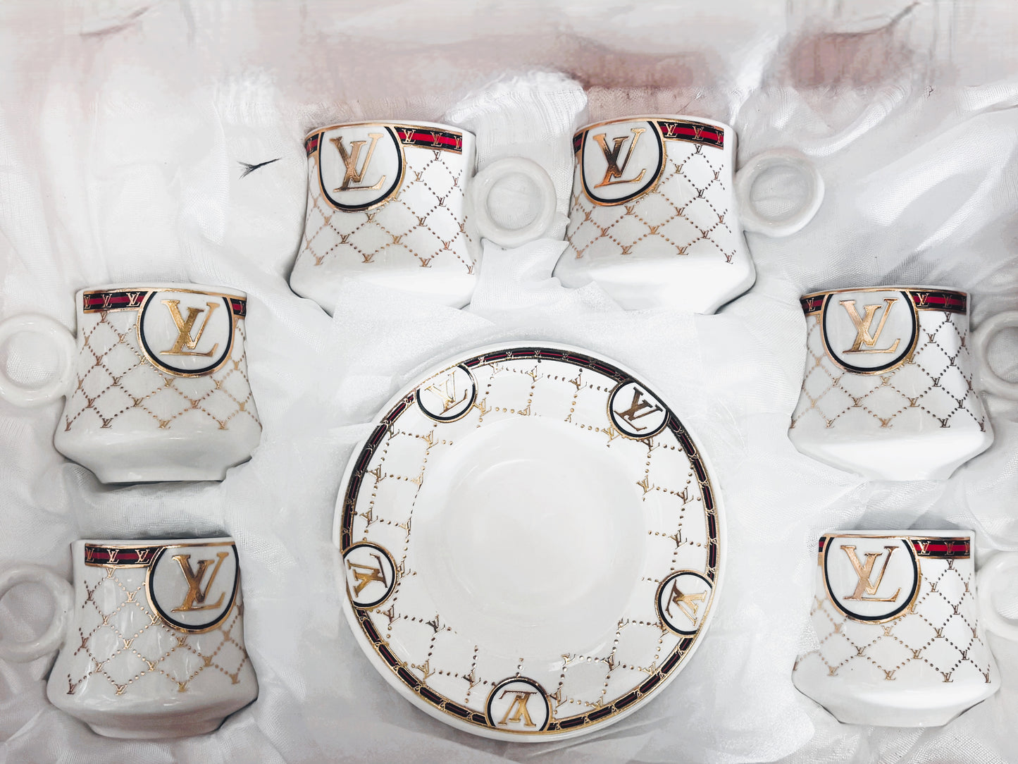 Luxury Porcelain Tea Cup and Saucer Set, VS-COF3 LV Logo Design, Gold Accents, White with Pattern, 12 Pieces