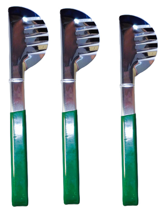 Tongs for salads, fruits, or your favorite food, green handle, stainless steel, 3-piece set.