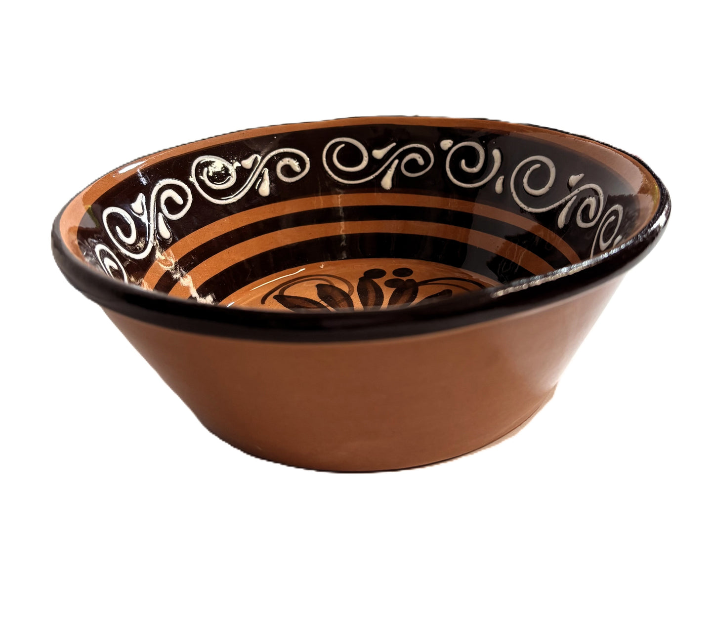 Handcrafted Ceramic Mexican Bowl, Terracotta with Dark Brown Glaze, Decorative Floral Design, Artisan Pottery 4 Bowls with 4 Wooden Spoons Plato Pozolero