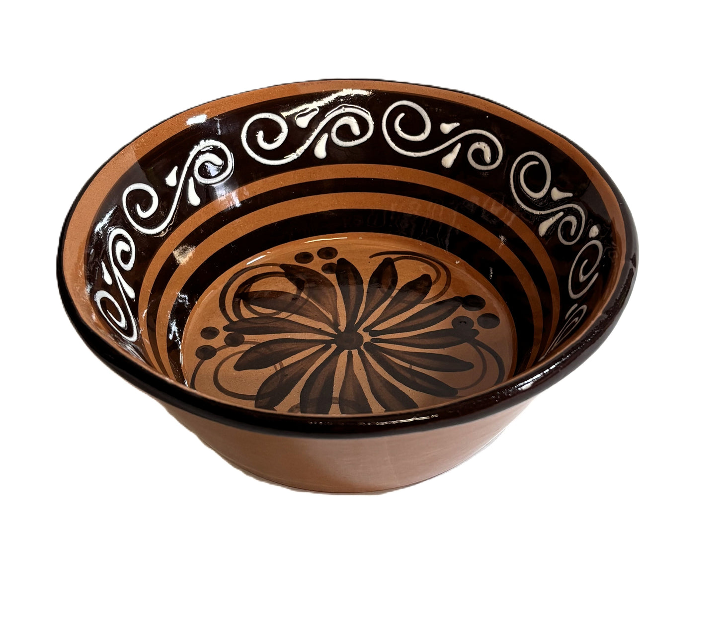 Handcrafted Ceramic Mexican Bowl, Terracotta with Dark Brown Glaze, Decorative Floral Design, Artisan Pottery 4 Bowls with 4 Wooden Spoons Plato Pozolero