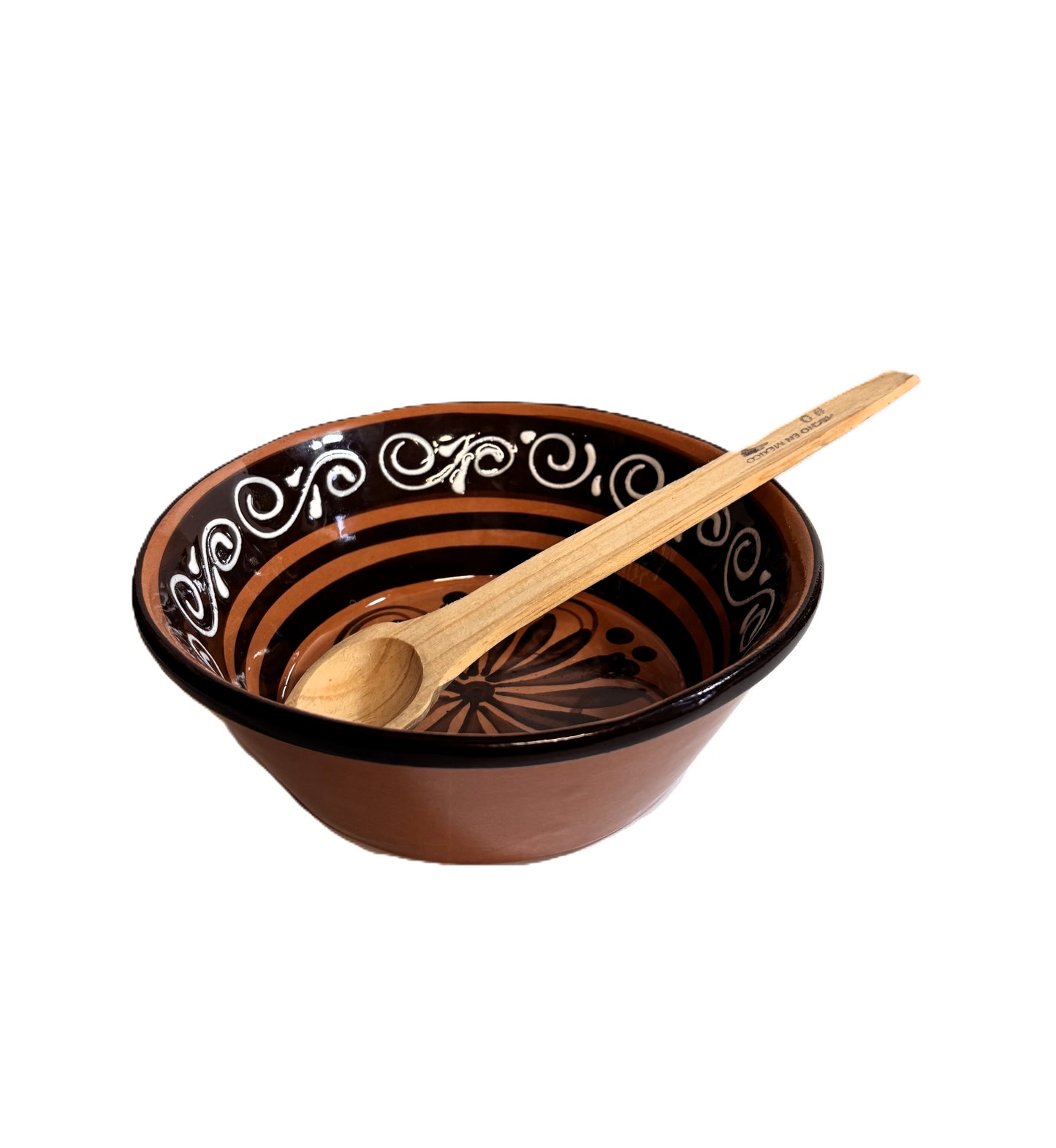 Handcrafted Ceramic Mexican Bowl, Terracotta with Dark Brown Glaze, Decorative Floral Design, Artisan Pottery 4 Bowls with 4 Wooden Spoons Plato Pozolero