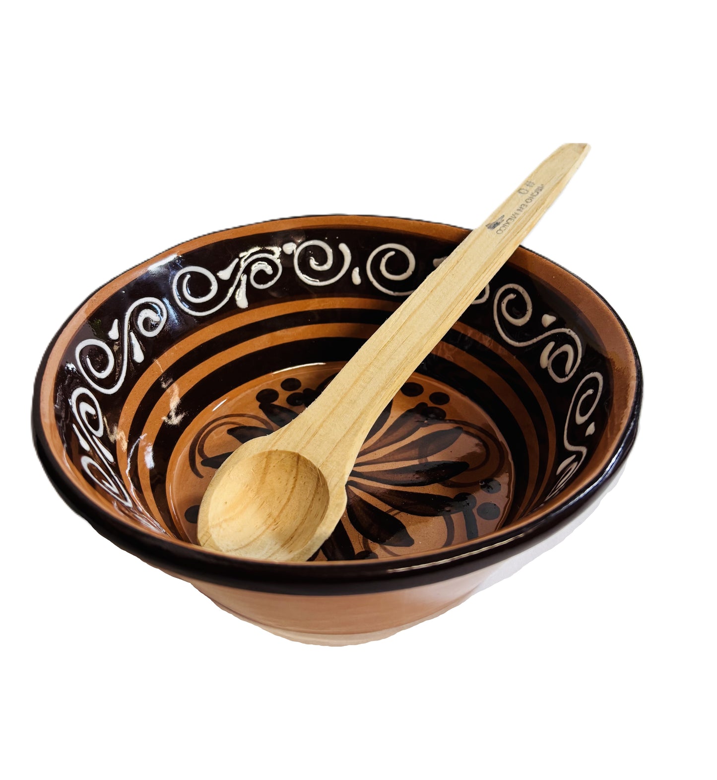 Handcrafted Ceramic Mexican Bowl, Terracotta with Dark Brown Glaze, Decorative Floral Design, Artisan Pottery 4 Bowls with 4 Wooden Spoons Plato Pozolero