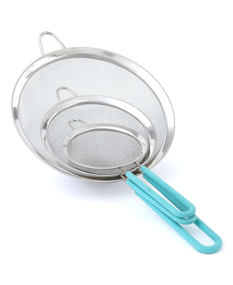 3 PC Stainless Steel Strainer Set with Silicone Handle - Blue