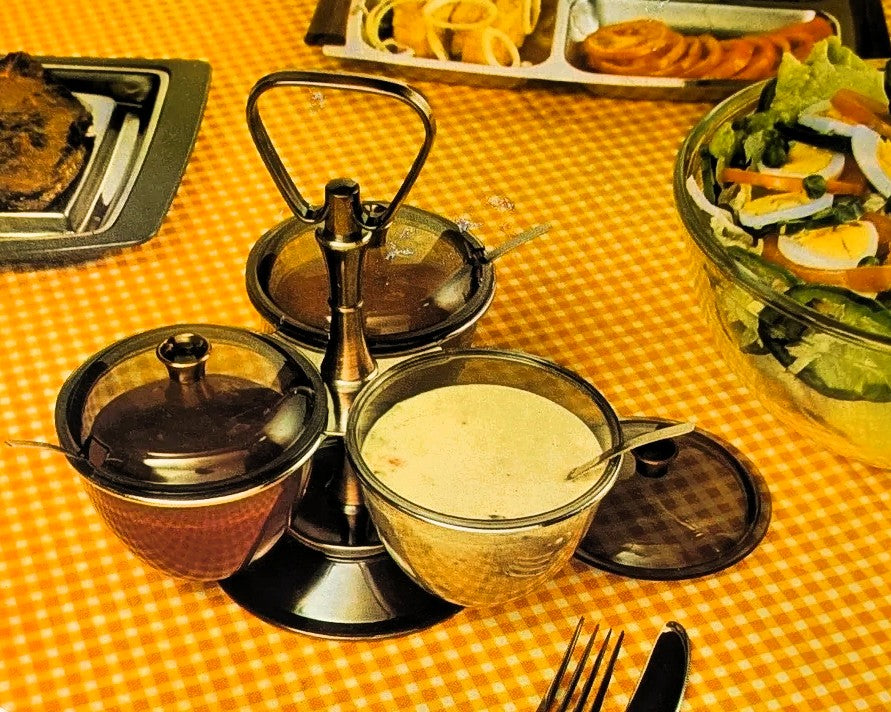 3-Tier Condiment Server with Lids, Metal Stand, Rotating Serving Bowls for Dips and Sauces