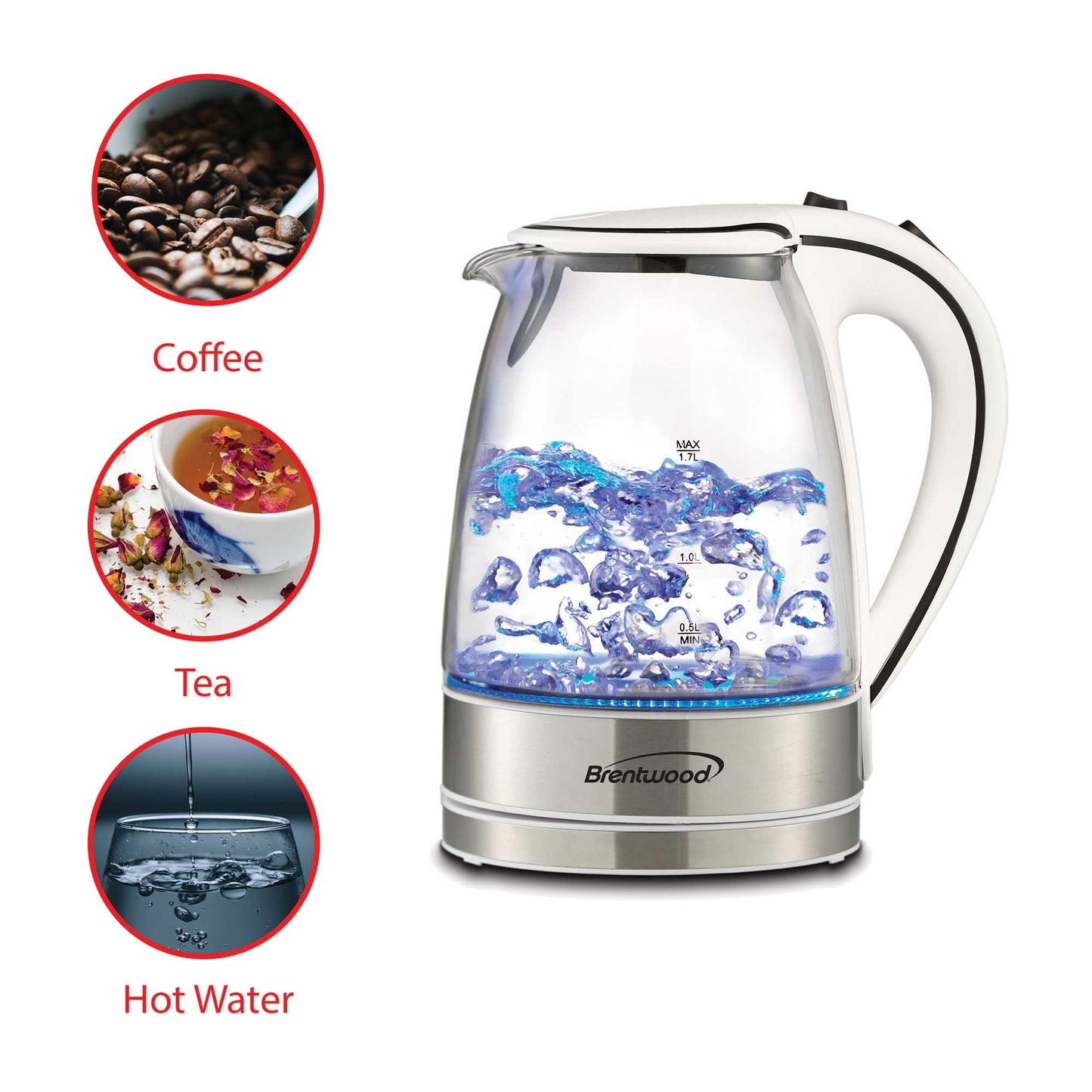 1.7L Brentwood Cordless Glass Kettle