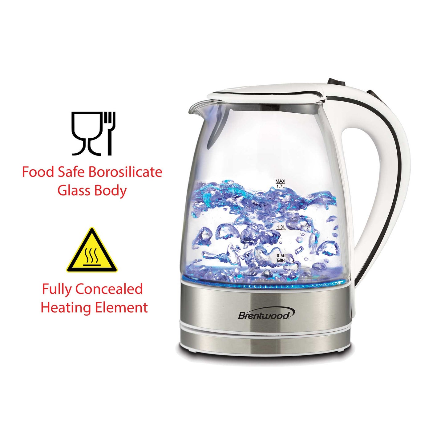 1.7L Brentwood Cordless Glass Kettle