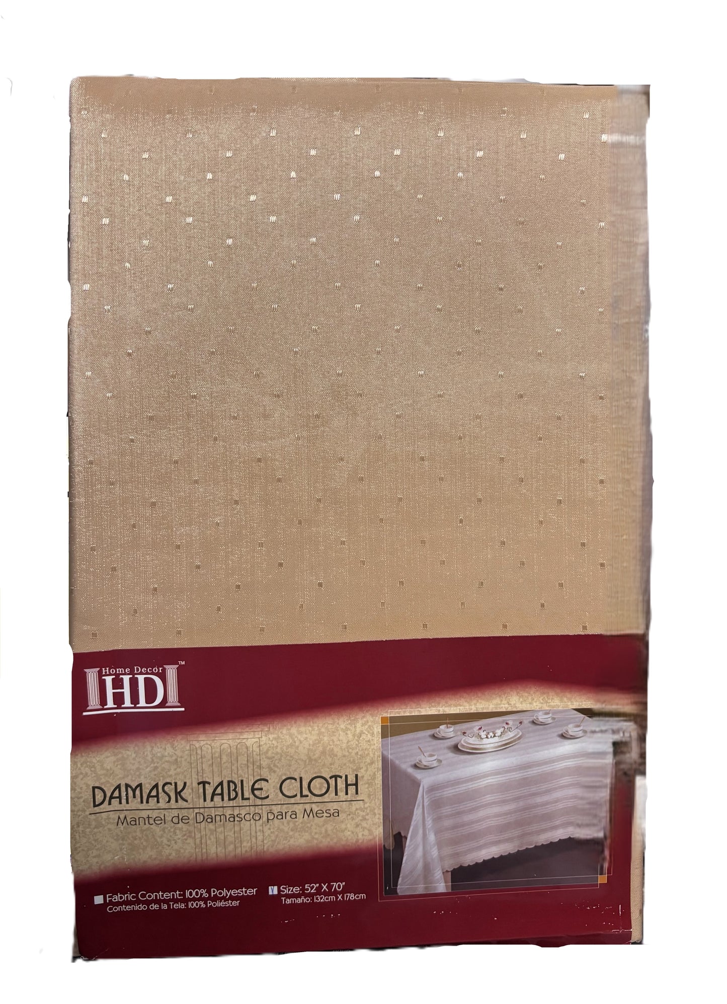 Home Decor Damask Table Cloth, 100% Polyester, 52" X 70", Beige Gold with Square Pattern