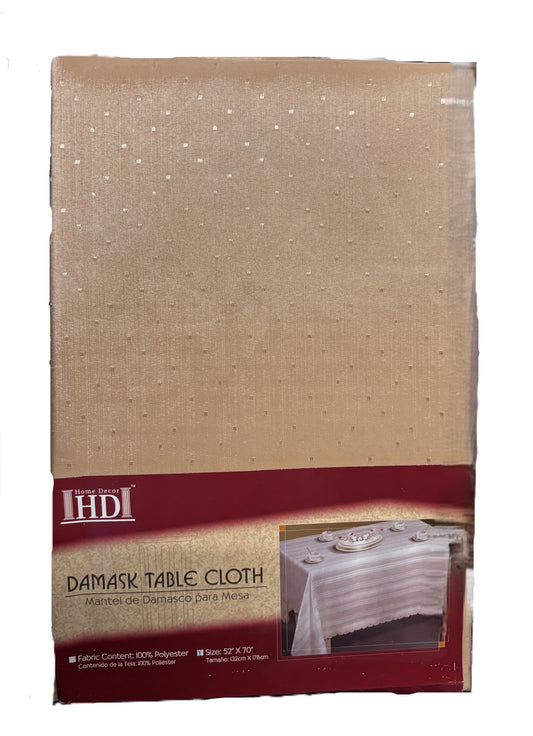 Home Decor Damask Table Cloth, 100% Polyester, 52" X 70", Beige Gold with Square Pattern