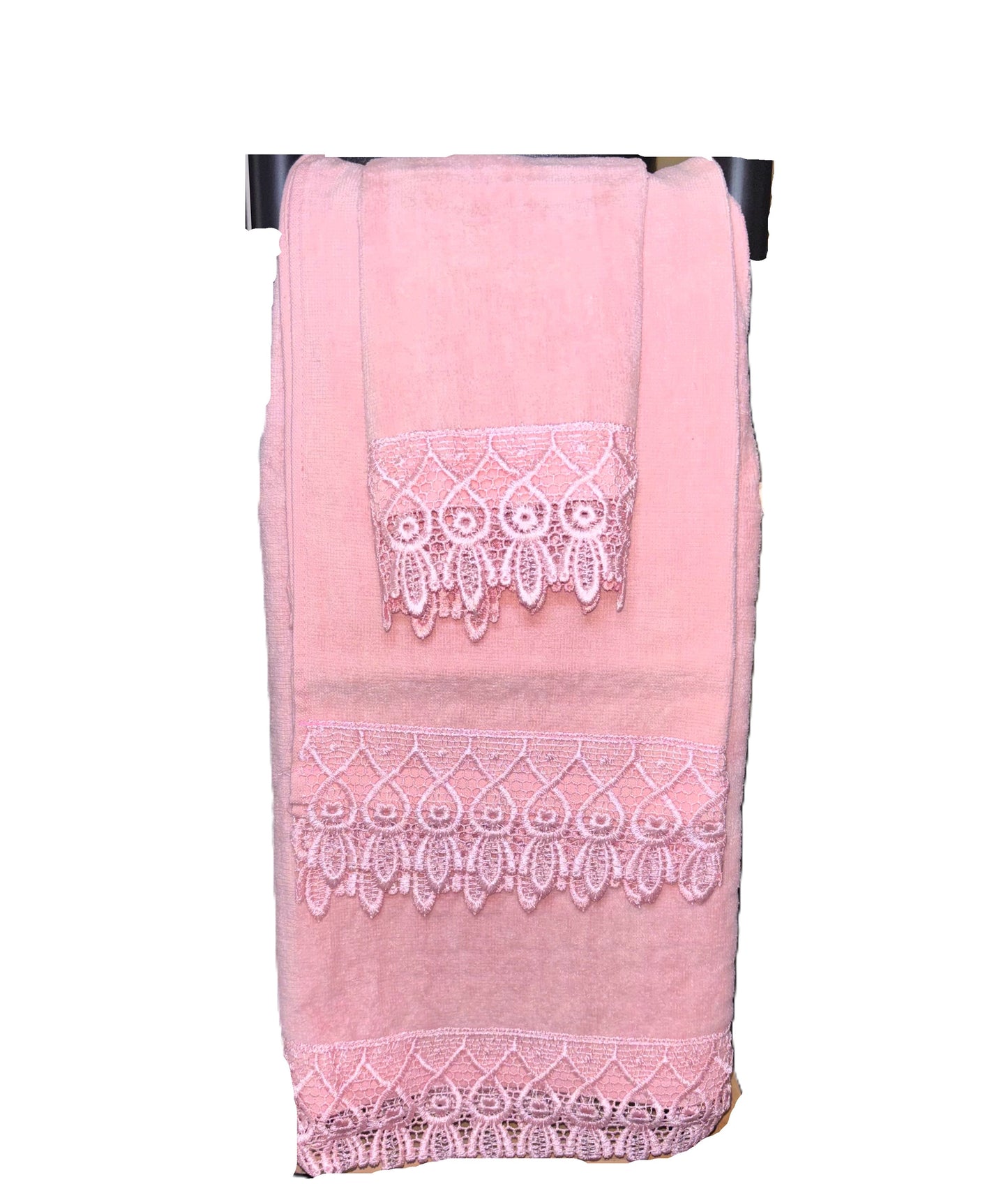 3 Piece Bath Towel Set, Pink, Lace Detail, Premium Quality 1 Hand Towel, 1 Wash Towel, 1 Bath Towel