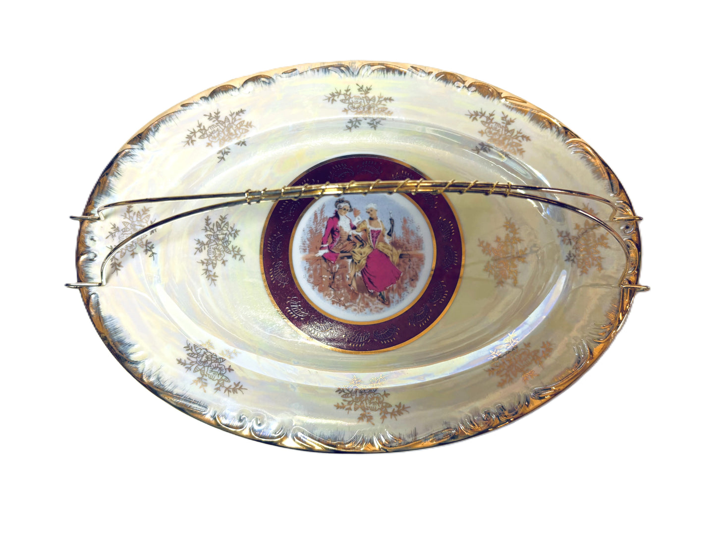 Decorative Serving Tray with Handle, Porcelain Plate with Gold Trim, Victorian Courting Couple Center Design, Cream with Burgundy Border