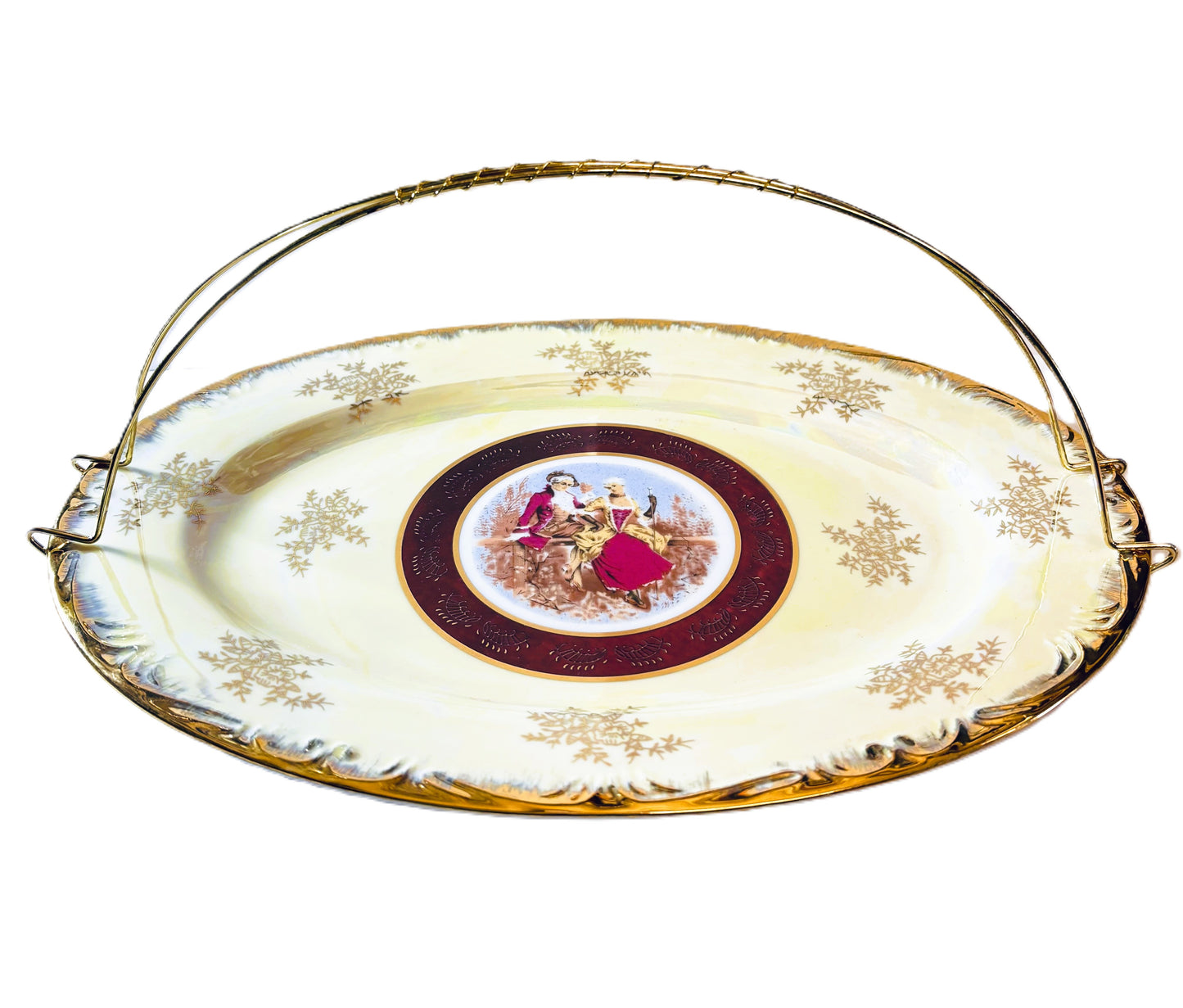 Decorative Serving Tray with Handle, Porcelain Plate with Gold Trim, Victorian Courting Couple Center Design, Cream with Burgundy Border
