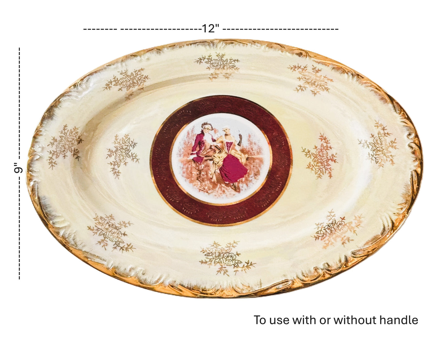 Decorative Serving Tray with Handle, Porcelain Plate with Gold Trim, Victorian Courting Couple Center Design, Cream with Burgundy Border