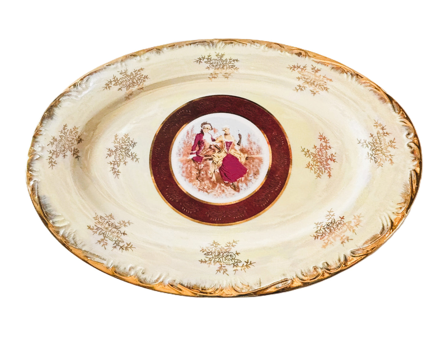Decorative Serving Tray with Handle, Porcelain Plate with Gold Trim, Victorian Courting Couple Center Design, Cream with Burgundy Border