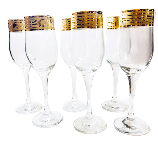 PROMSIZ Wine Glasses Set with Gold Greek Key Rim, Clear Glass, Stemmed, 6 Piece Set