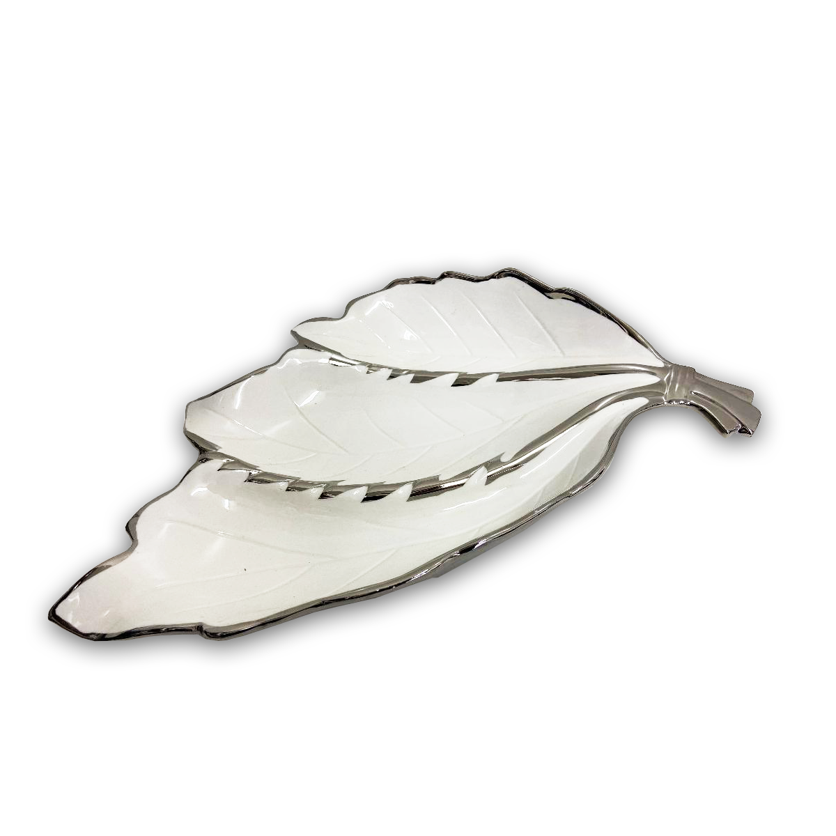 Porcelain Decorative Leaf Tray-White/Silver