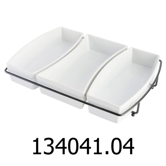 4 PC Gibson Stoneware Tidbit Dish Set with Metal Rack