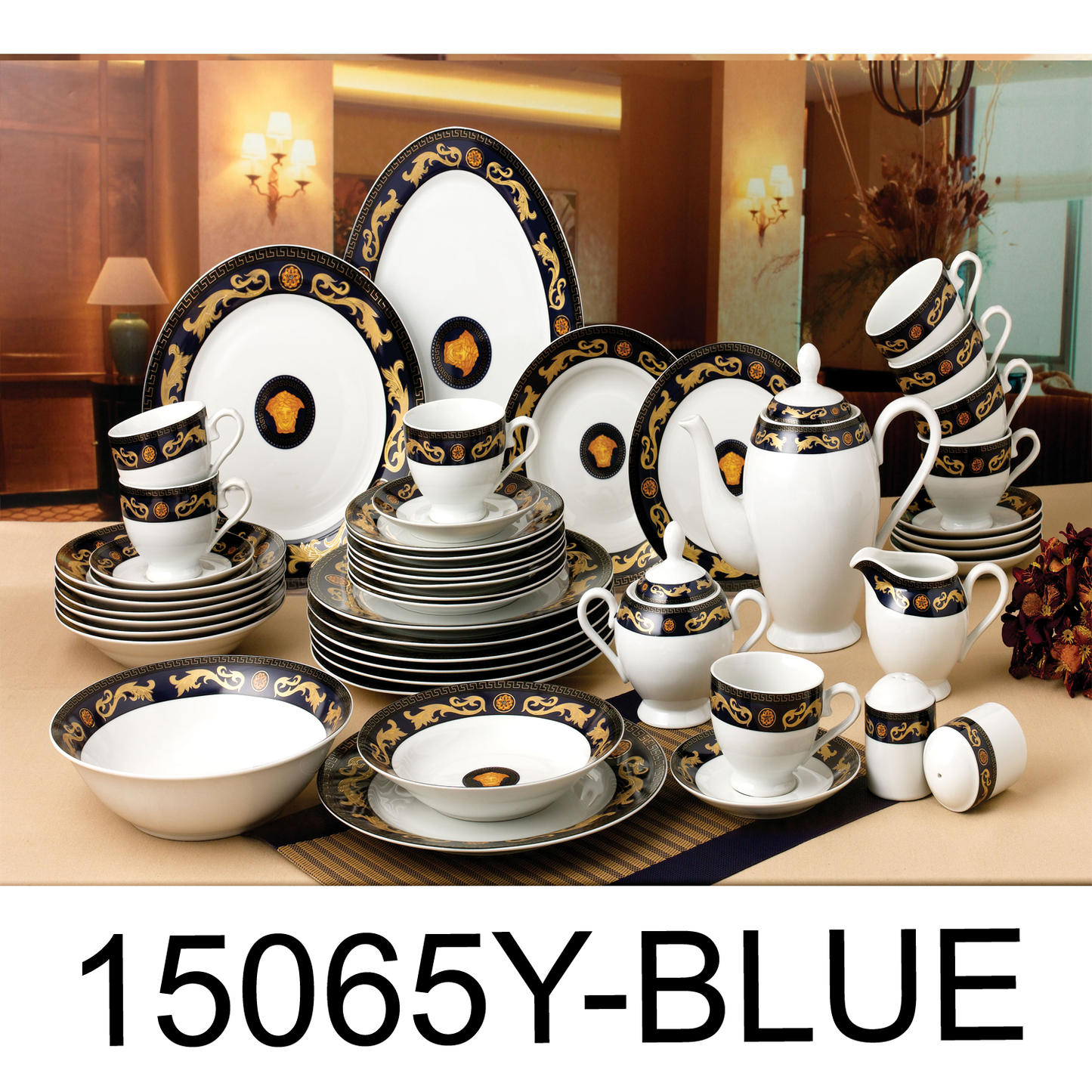 49 PC Greek Blue Medusa Pattern Royal Dinner Set