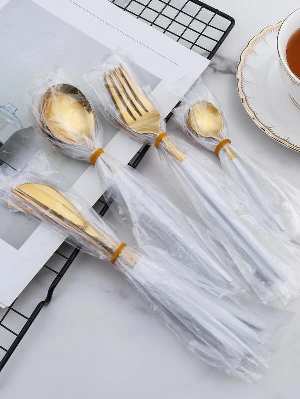 24 PC Classic  Gold Cutlery w/ White Handle Set