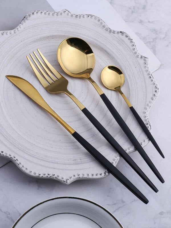 24 PC Classic Gold Cutlery w/ Black Handle Set