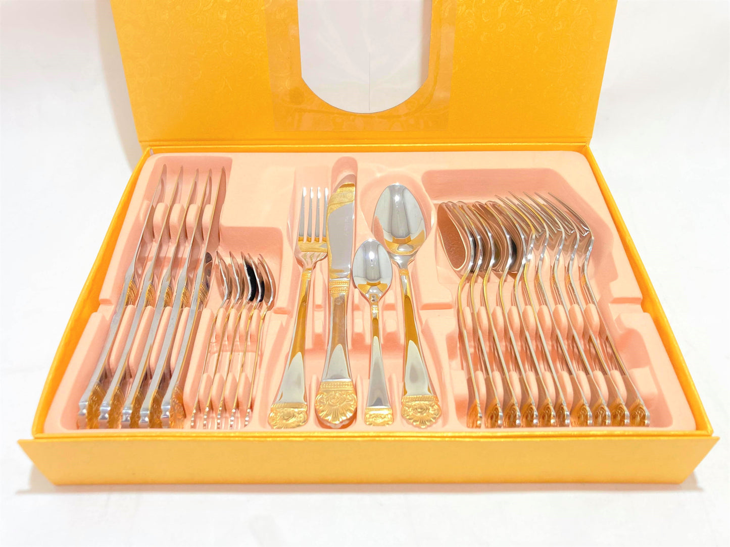 24 PC Flower Design Stainless Steel Silver & Gold Cutlery Set