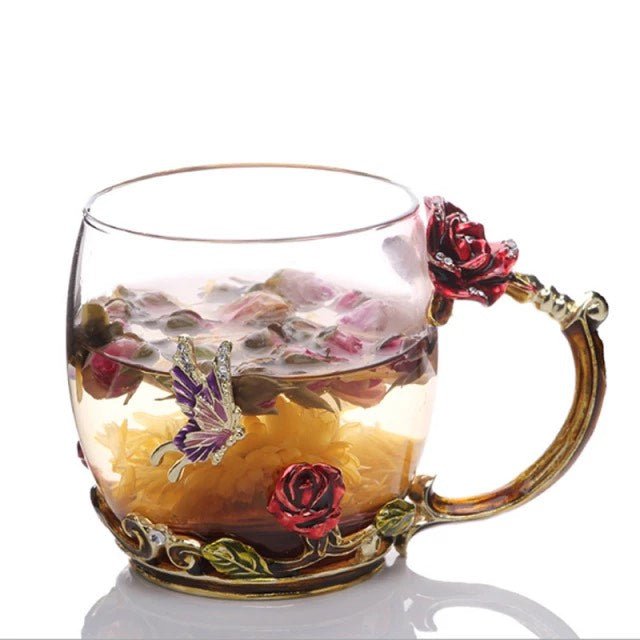 2 PC Red Rose Glass Tea Cup / Coffee Mugs