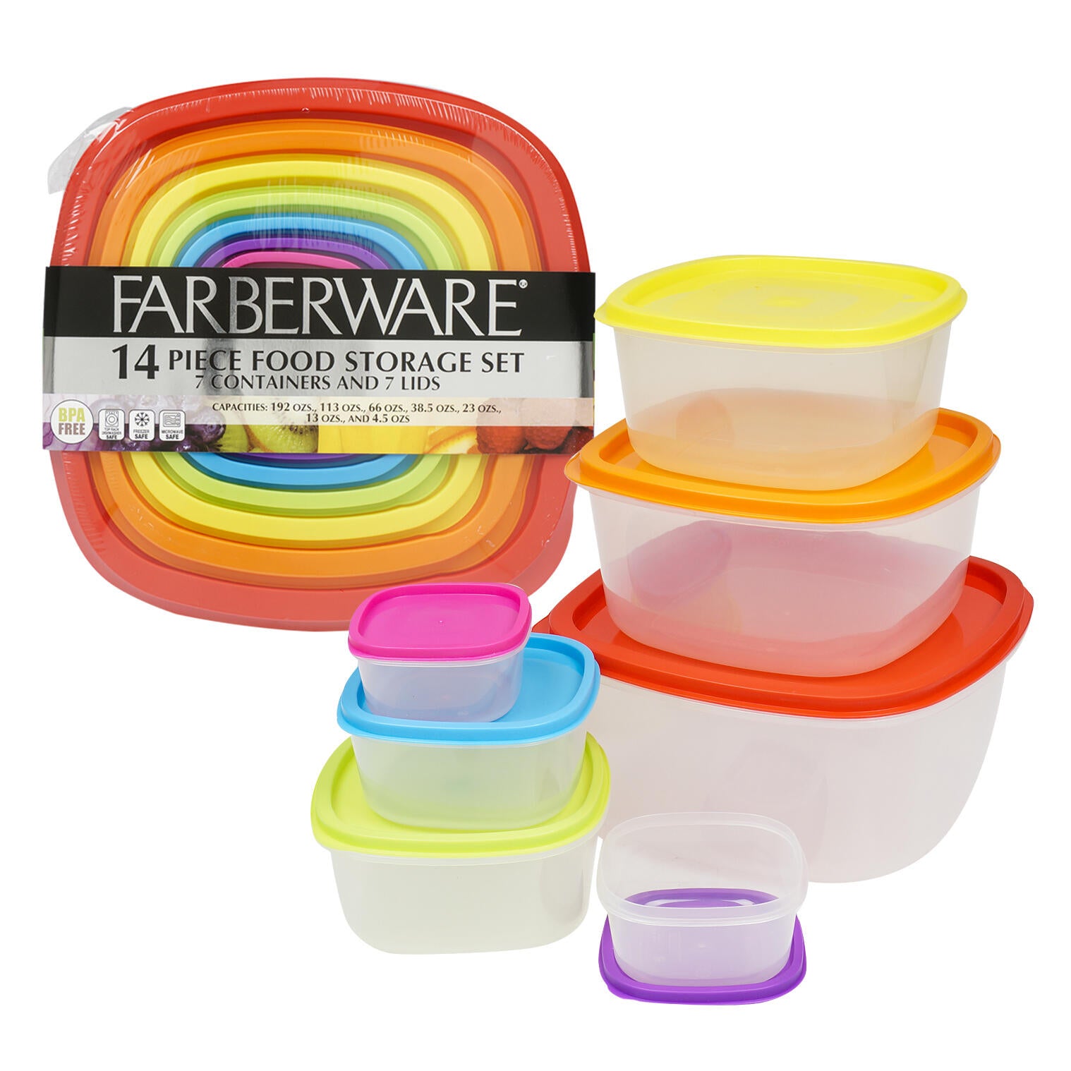 7 Piece Plastic Food Storage Container Set with Multi-Colored Lids