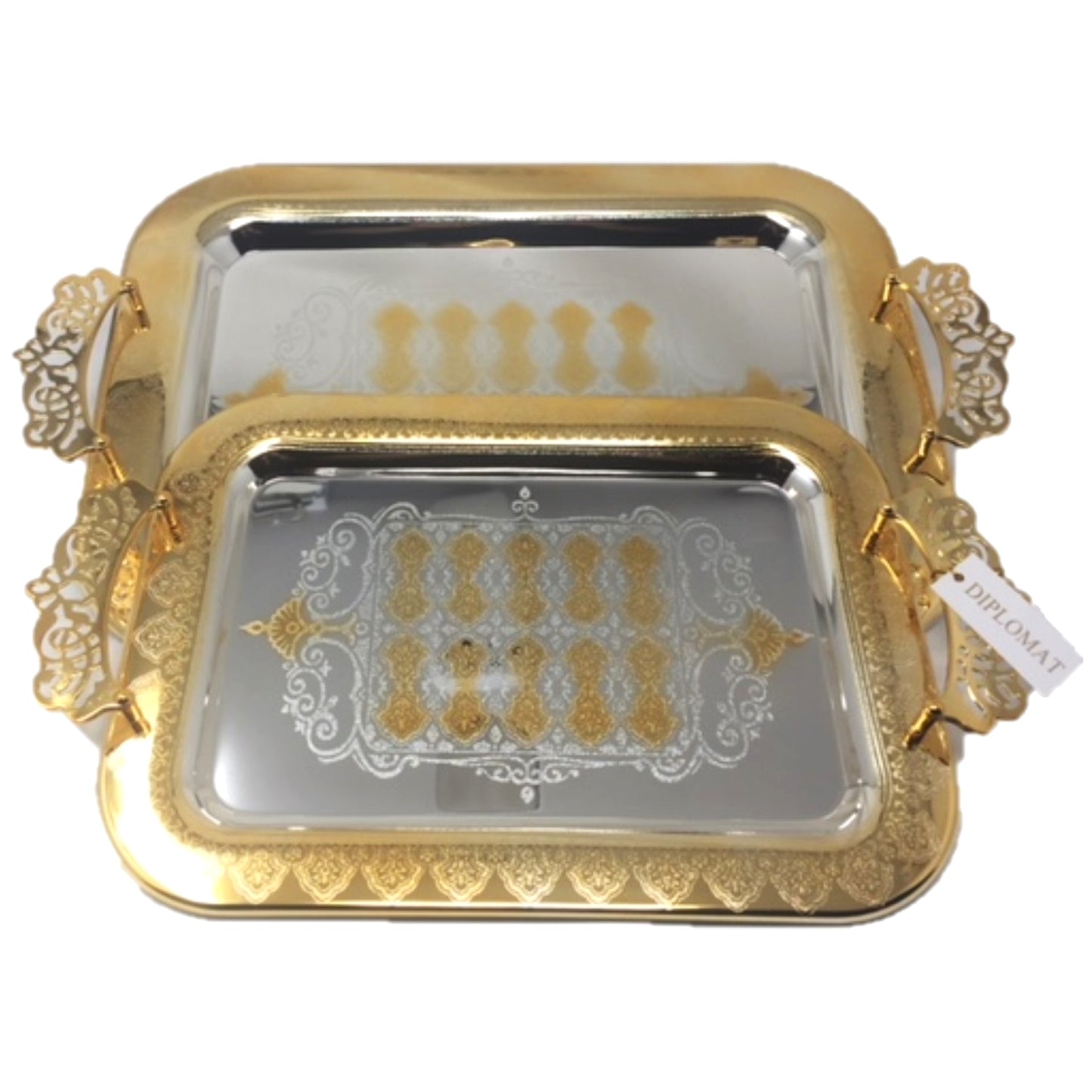 2 PC Serving Tea Tray Set Gold Handle and Accents Chrome Plated
