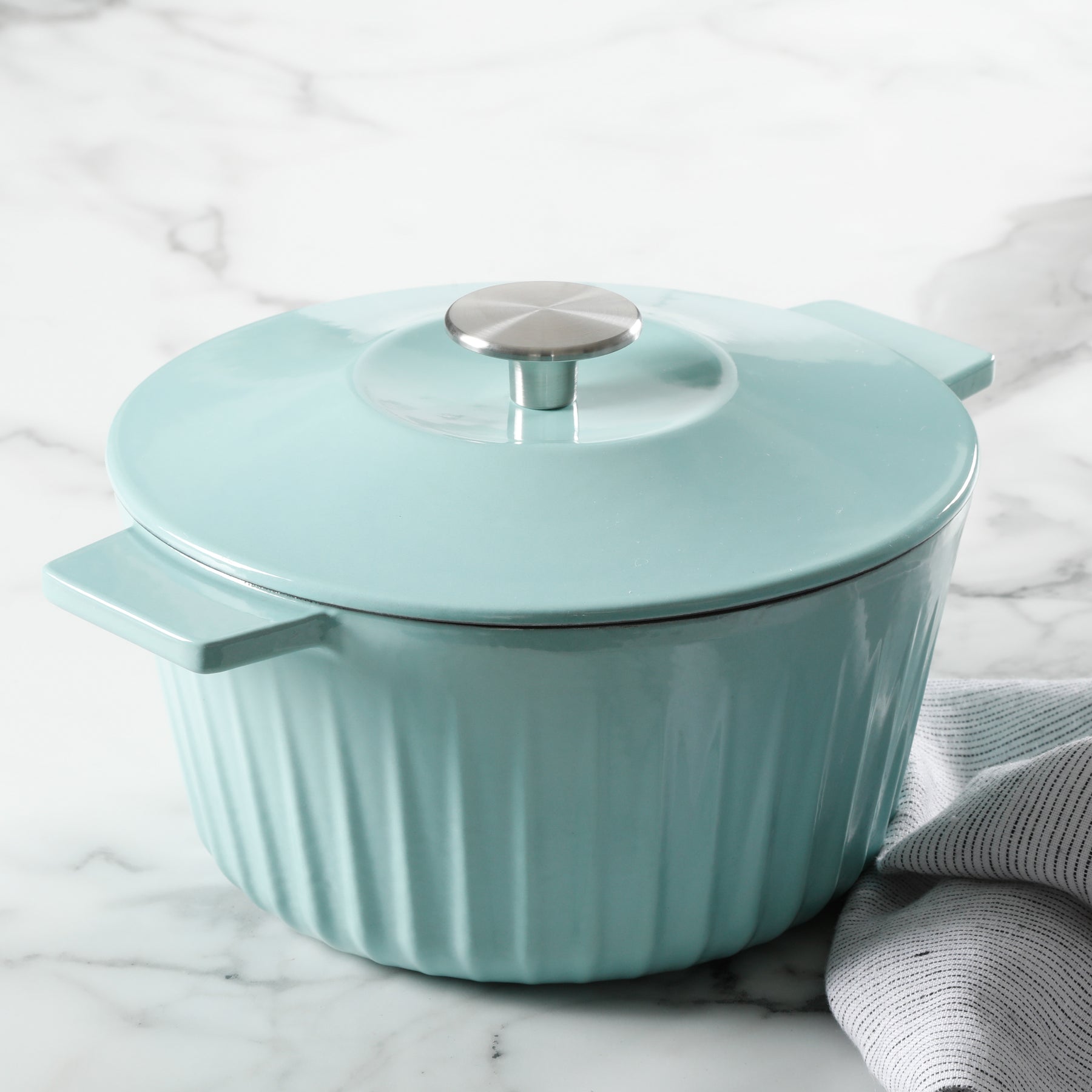 Martha Stewart Enameled Cast Iron 5 Quart Round Dutch Oven With Lid In  Light Cyan